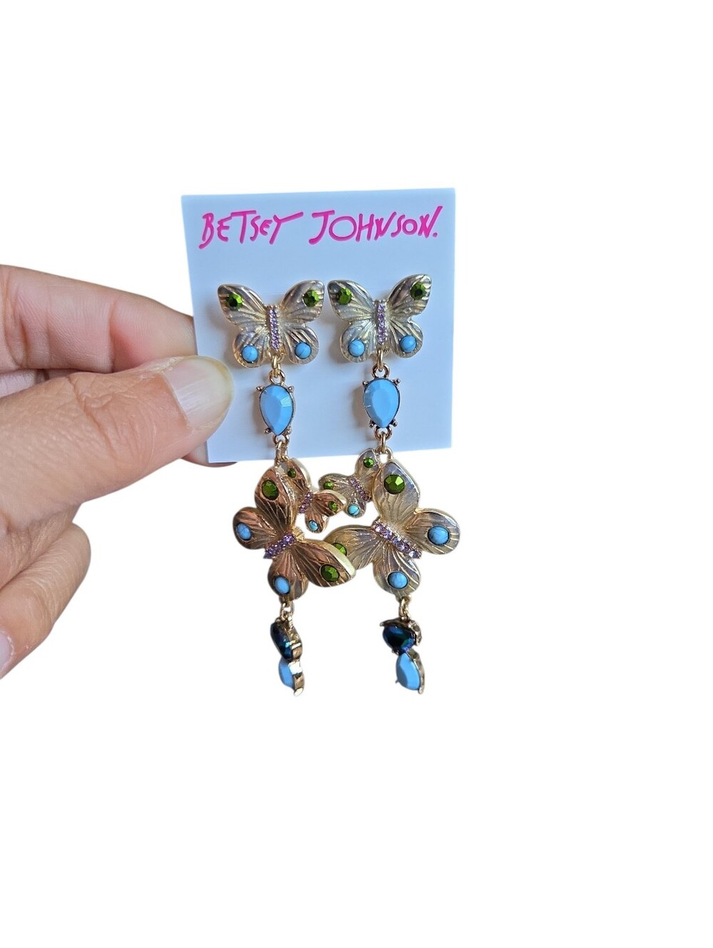 Betsey Johnson Gold Butterfly Dangle Earrings with Blue and Green Stones